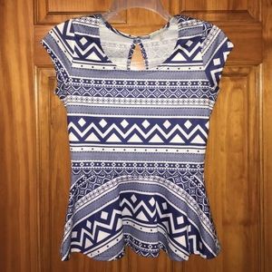 Charlotte Russe Blue & White Aztec Peplum Top